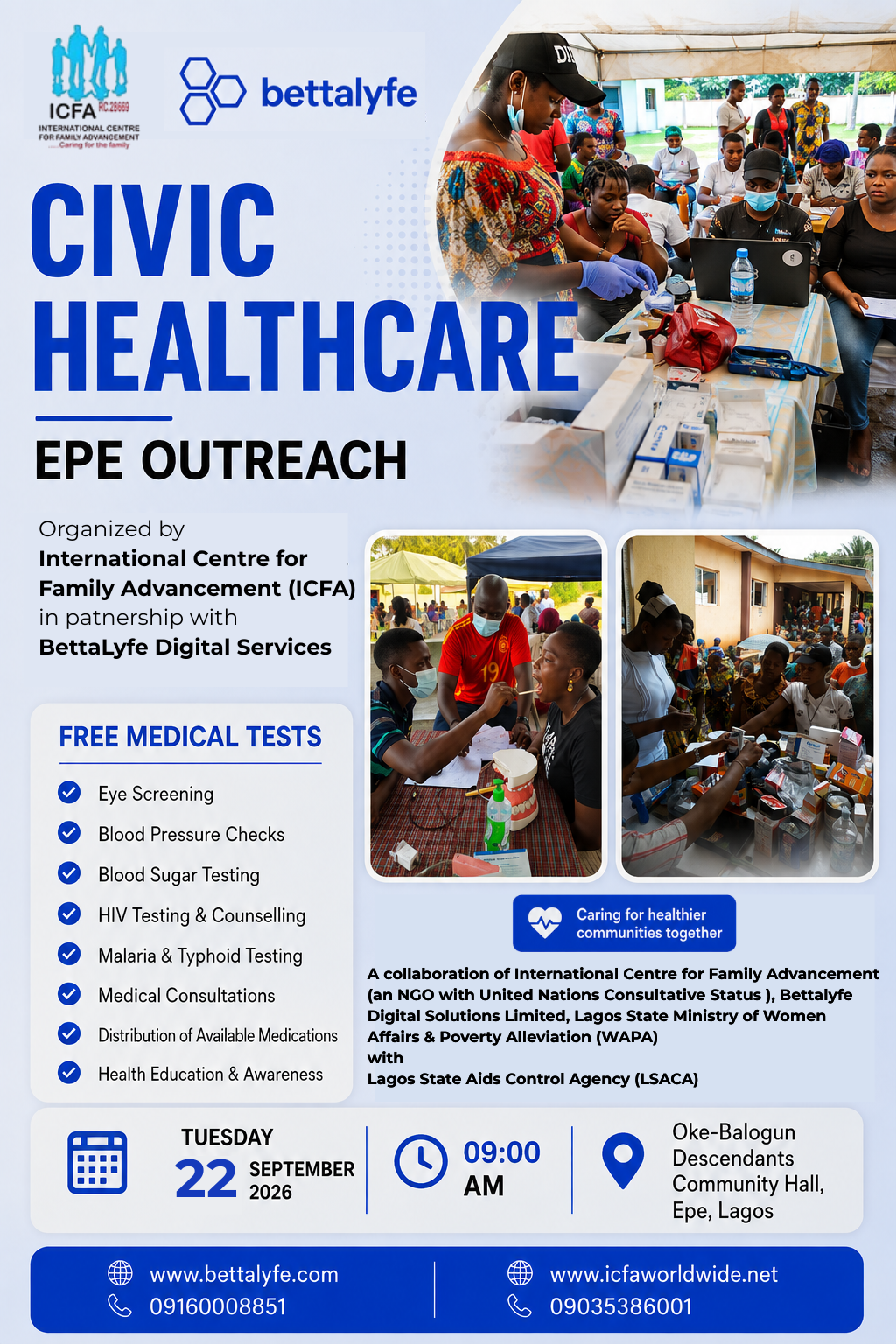 Civic Healthcare Epe Outreach flyer - free medical tests on Tuesday 22 September 2026 at Oke-Balogun Descendants Community Hall, Epe, Lagos