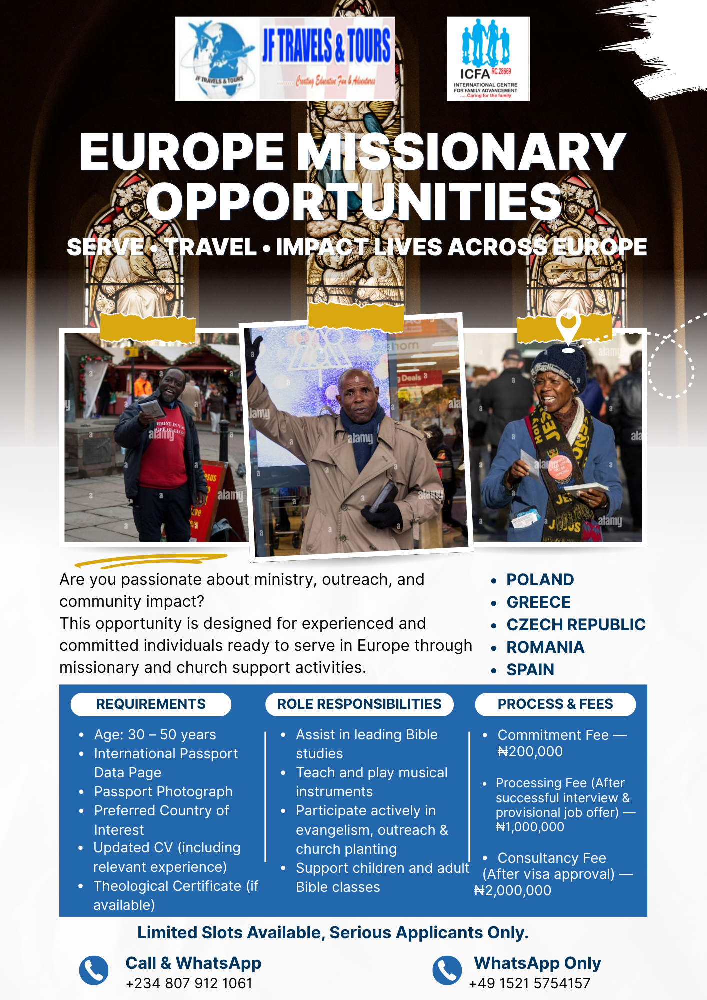 Europe Missionary Opportunities — Serve, Travel, Impact Lives Across Europe flyer